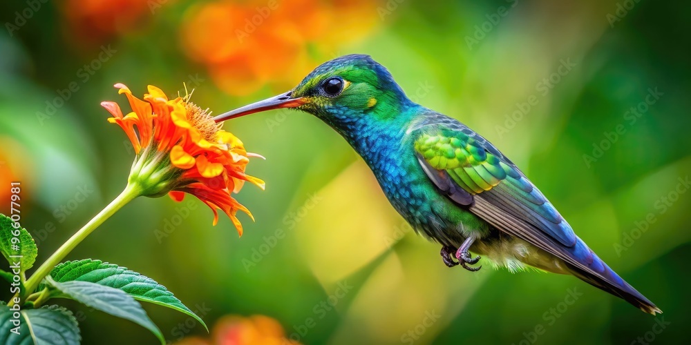 Obraz premium Iridescent green and blue hummingbird with sparkling feathers and long beak sips nectar from a bright orange flower against a lush green foliage background.