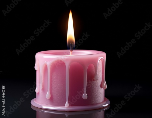 A pink candle with a white flame, dripping wax, isolated on a black background.