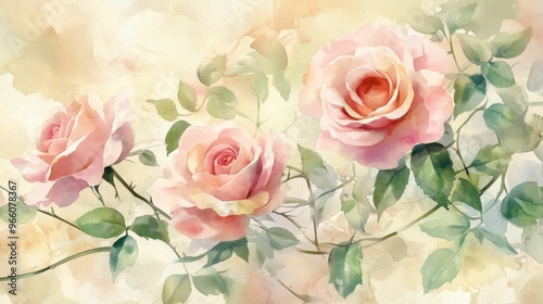 Watercolor-painted pink roses with green leaves and branches, offering a soft and romantic touch for botanical compositions.