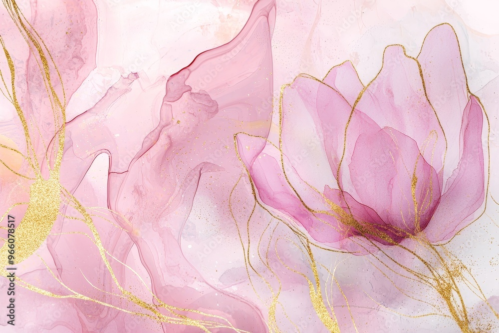 Liquid watercolor background with dusty rose blush, gold, floral decoration elements. Pastel pink marble alcohol ink drawing effect, golden lines and branches. Modern illustration. Liquid watercolor background with dusty rose blush, gold, floral decoration elements. Pastel pink marble alcohol ink drawing effect, golden lines and branches. Modern illustration.