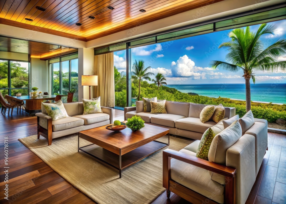 Fototapeta premium Luxurious Hawaiian interior design featuring sleek modern furniture, lush greenery, and expansive ocean views, embodying tranquil tropical elegance in a visually stunning living space.