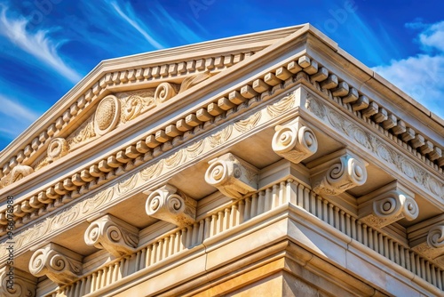 Majestic ancient Greek-style entablature adorns a limestone facade, featuring ornate frieze, architrave, and cornice details, set against a warm, sun-kissed Mediterranean blue sky. photo