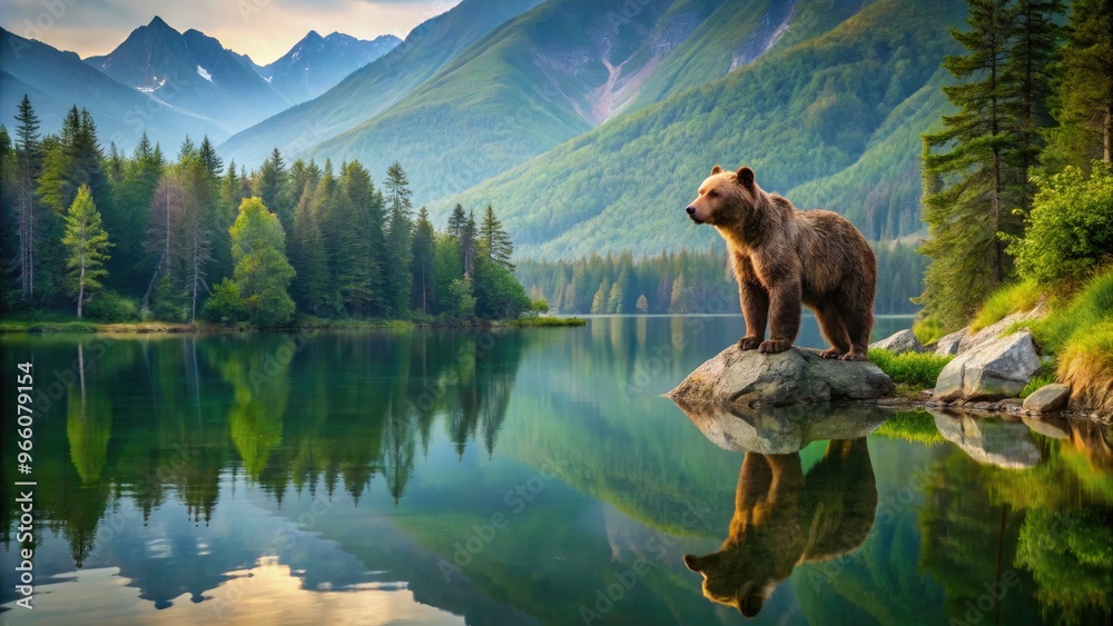 Fototapeta premium Majestic brown bear stands upright on rocky outcropping, gazing out at serene mountain lake with lush green forest reflected in calm water.