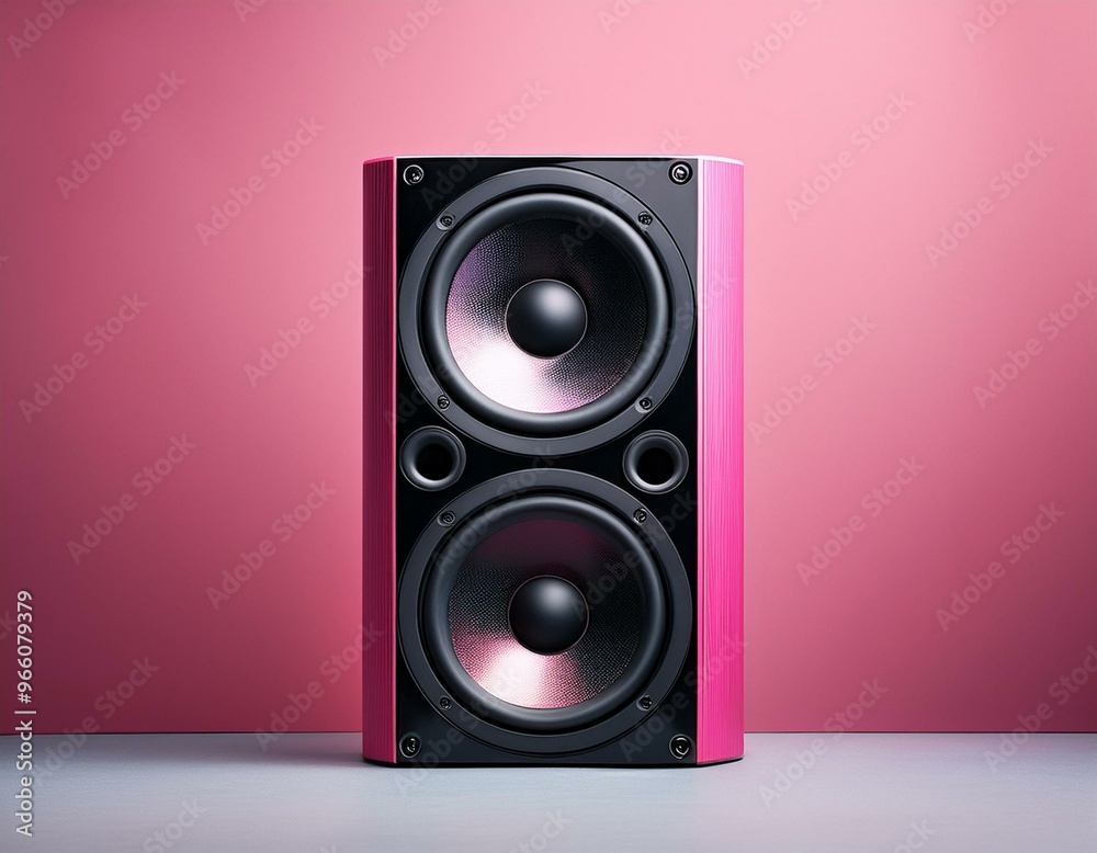 A pink speaker with a black base and two speakers.