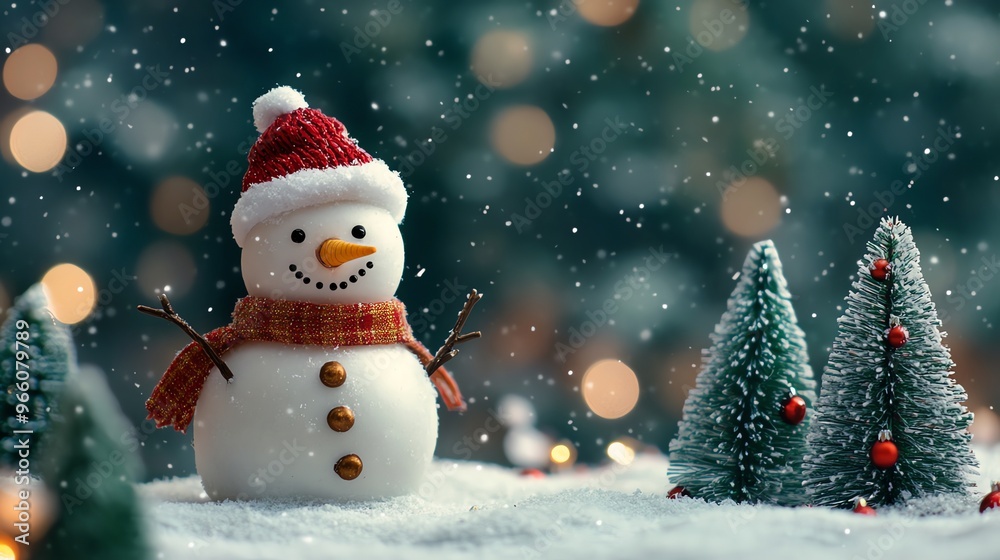Cheerful Snowman in a Winter Wonderland with Christmas Trees and Lights Cheerful Snowman in a Winter Wonderland with Christmas Trees and Lights