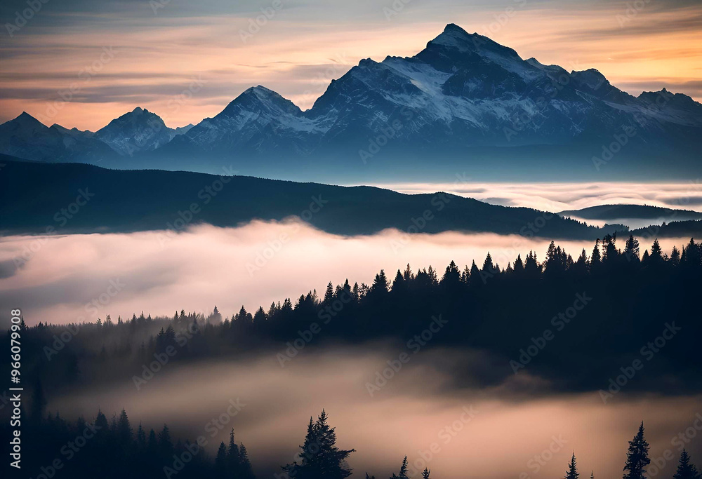 Majestic mountain range at dawn with misty valleys and evergreen forests in the distance Majestic mountain range at dawn with misty valleys and evergreen forests in the distance