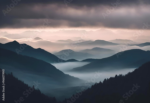 Misty mountain landscape at dawn with layers of hills under a cloudy sky