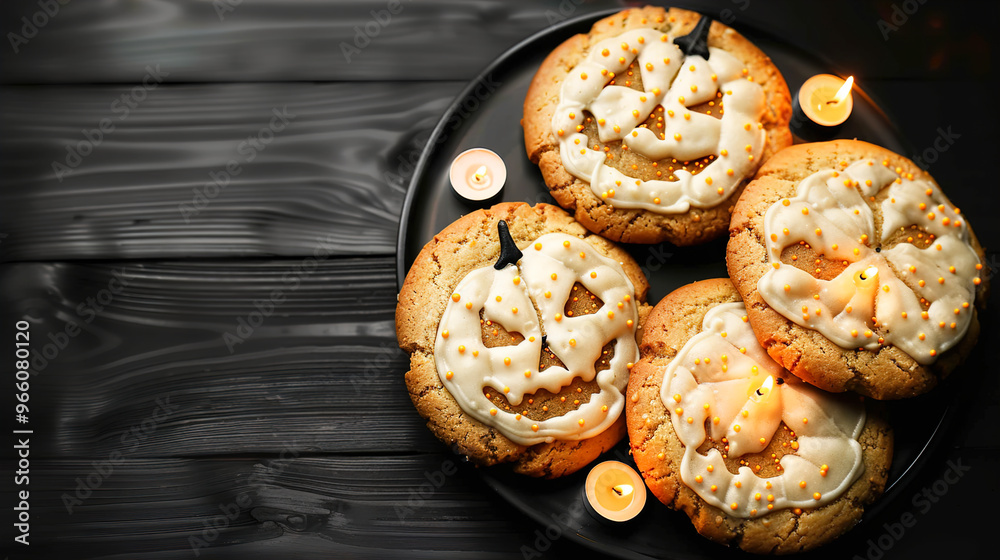 Fototapeta premium Evil Faced Halloween Pumpkin Cookies with Candles on Black Wooden Table copy space 