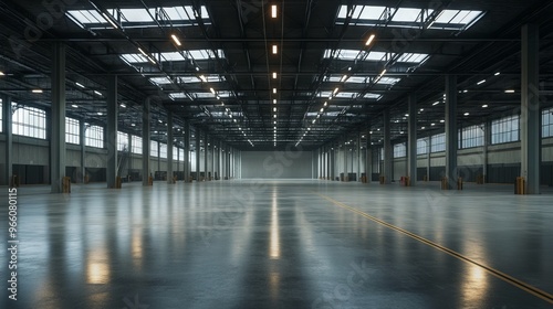 Empty Modern Warehouse with High Ceilings and LED Lighting - AI generated illustration.