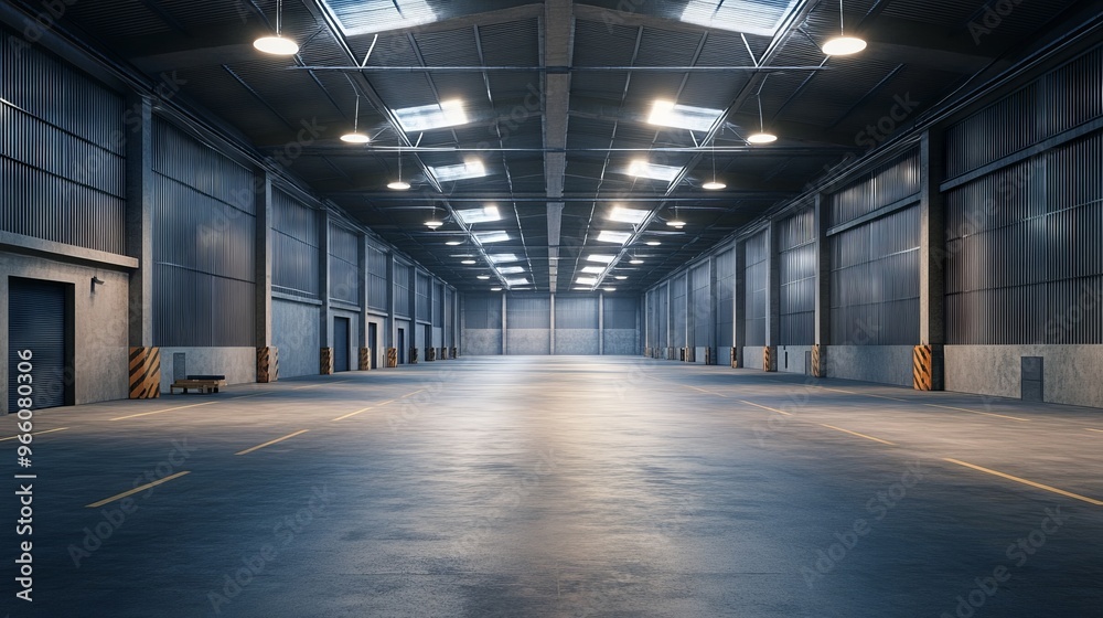Empty Modern Warehouse with High Ceilings and LED Lighting - AI generated illustration. Empty Modern Warehouse with High Ceilings and LED Lighting - AI generated illustration.