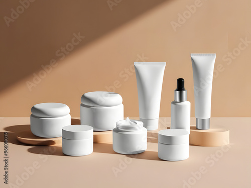 set of white color cosmetic products mock up designs on beige color background