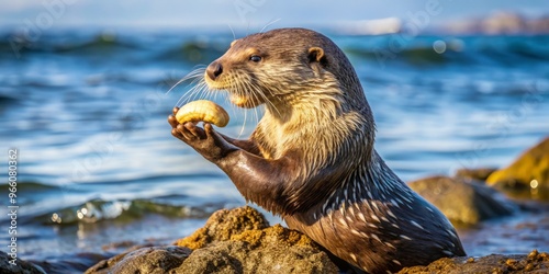 A Playful Otter Uses Its Paws To Open A Fresh Clam On A Rocky Seashore With The Ocean photo