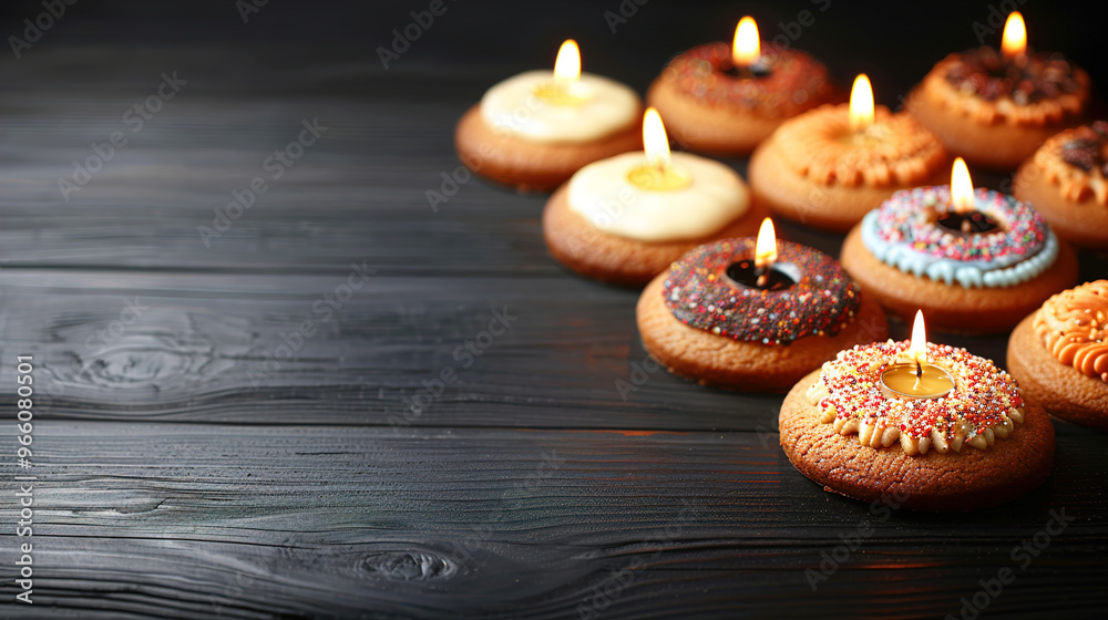 Evil Faced Halloween Pumpkin Cookies with Candles on Black Wooden Table copy space Evil Faced Halloween Pumpkin Cookies with Candles on Black Wooden Table copy space