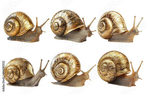 Golden snails with detailed shell textures isolated on transparent background photo