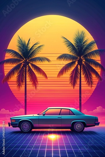 Vintage 80s Style Image Featuring a Car and Palm Trees Against a Retro Background for Nostalgic Theme Projects