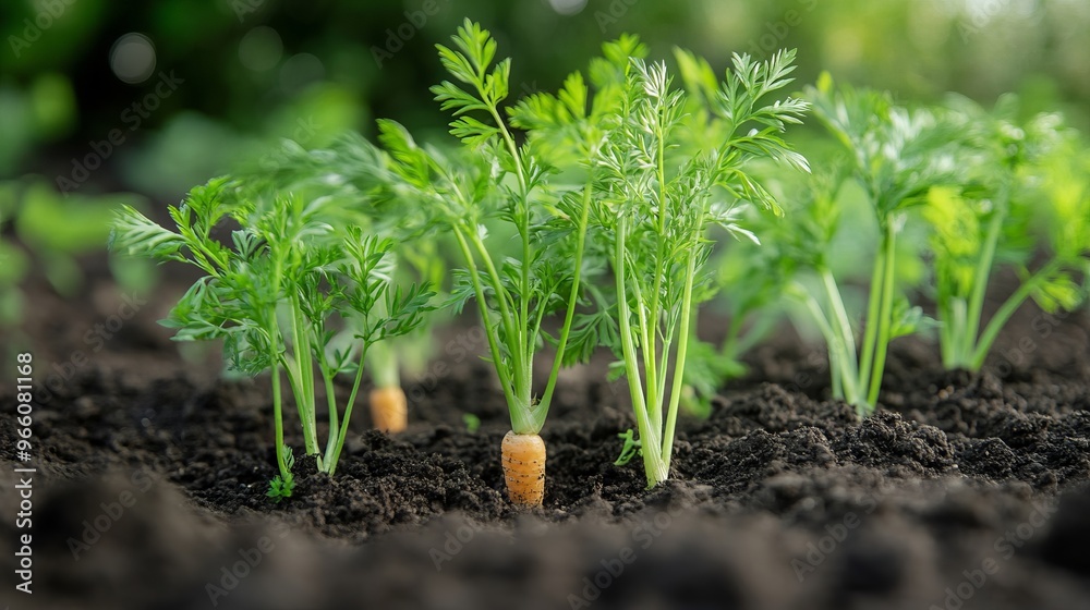 Carrot Seedlings Growing in the Garden - AI generated illustration. Carrot Seedlings Growing in the Garden - AI generated illustration.
