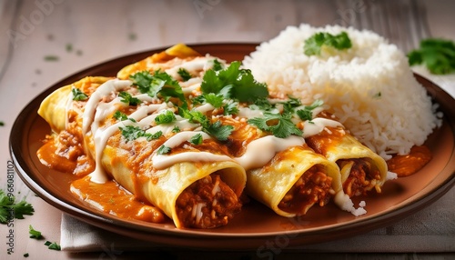 A plate of enchiladas topped with melted cheese and garnished with cilantro, served with a side of rice.