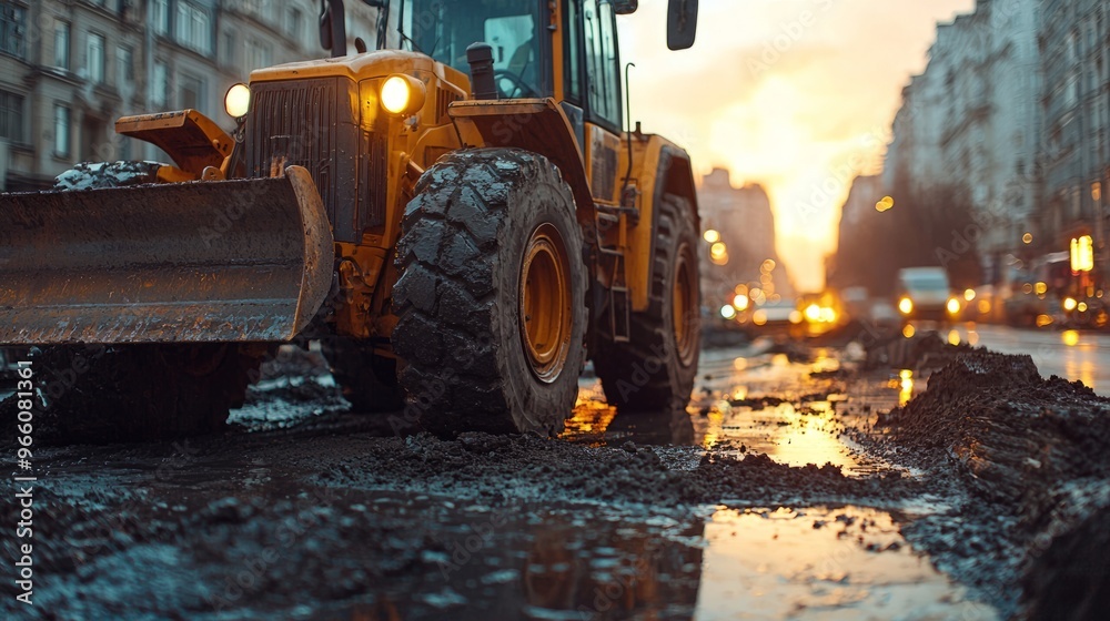 Bulldozer on a muddy road during city construction work Bulldozer on a muddy road during city construction work