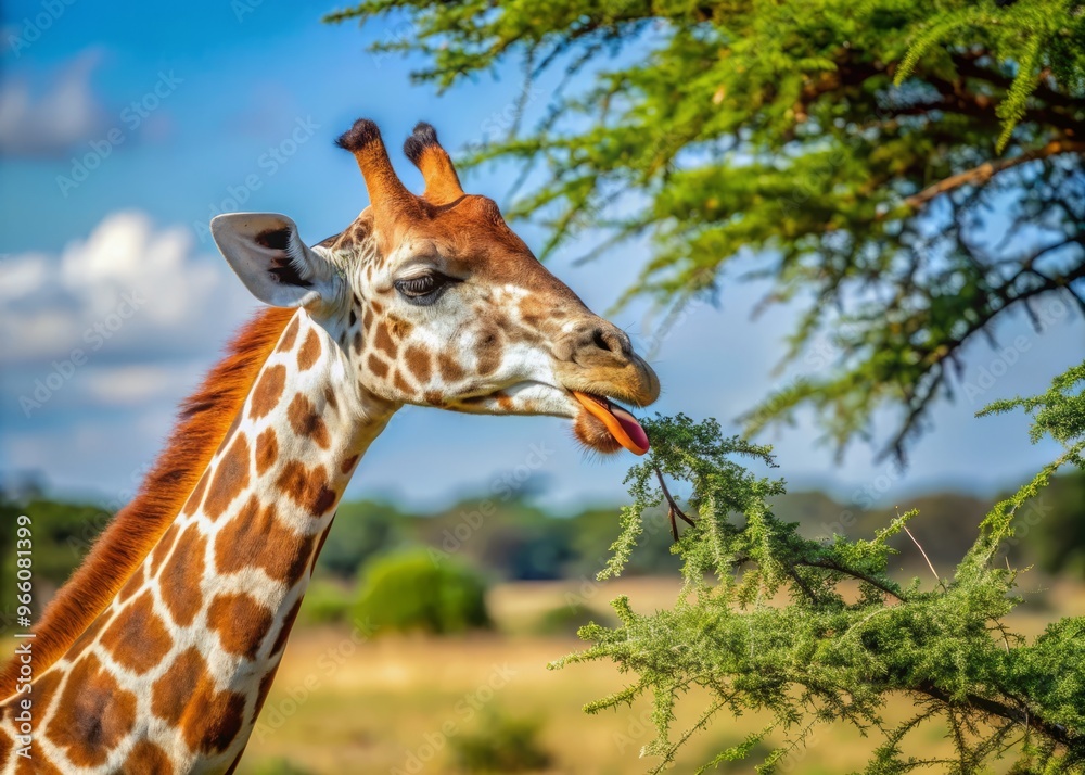 A rare albino giraffe stretches its long, blue-black tongue to pluck leaves from a thorny acacia tree in A rare albino giraffe stretches its long, blue-black tongue to pluck leaves from a thorny acacia tree in