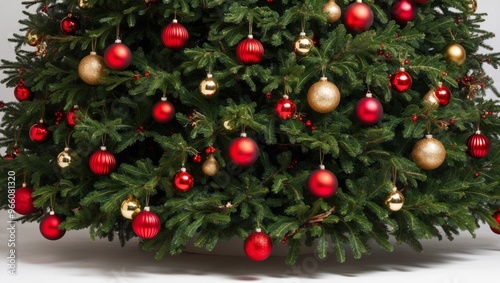 Close up of christmas tree with red and gold