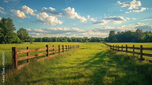 Wide open field with wooden fence under a bright sky photo