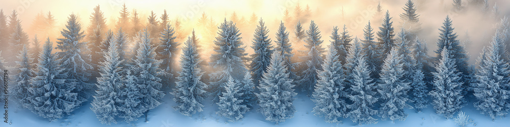 Breathtaking high angle banner view of frosted conifer trees shrouded in soft winter morning mist. Breathtaking high angle banner view of frosted conifer trees shrouded in soft winter morning mist.