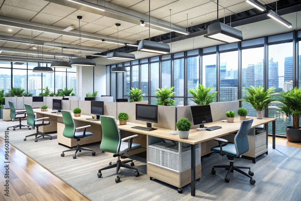 Modern Call Center Interior With Open-Plan Layout, Ergonomic Workstations, And Glass Partitions For Noise Reduction Modern Call Center Interior With Open-Plan Layout, Ergonomic Workstations, And Glass Partitions For Noise Reduction