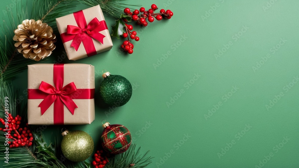 Christmas gifts with pine and red berries Christmas gifts with pine and red berries