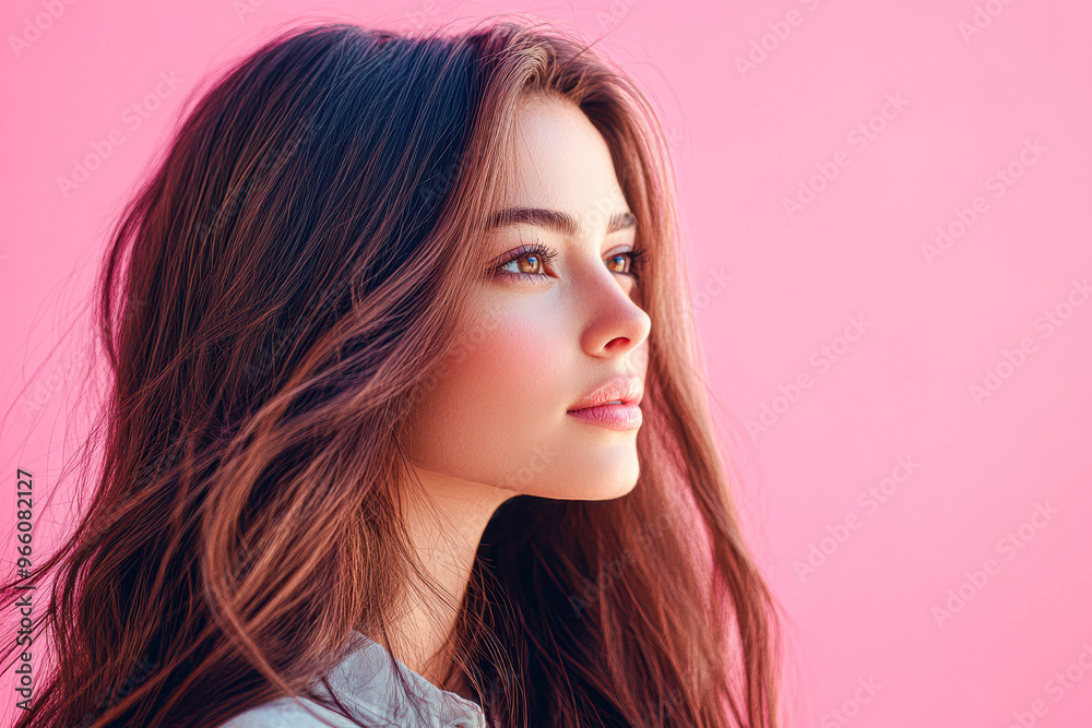 A woman with long brown hair and a pink background A woman with long brown hair and a pink background