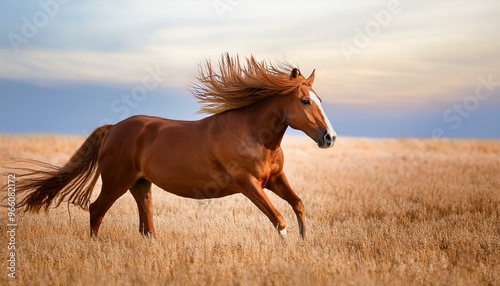 A powerful chestnut horse with a flowing mane and tail runs across a field.