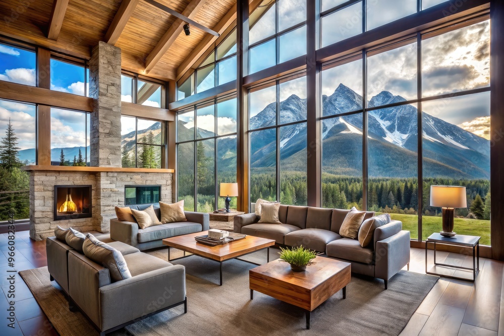 Modern Living Room In A Mountain Lodge Featuring Floor-To-Ceiling Windows And Panoramic Views Of The Surrounding Peaks And Forests Modern Living Room In A Mountain Lodge Featuring Floor-To-Ceiling Windows And Panoramic Views Of The Surrounding Peaks And Forests