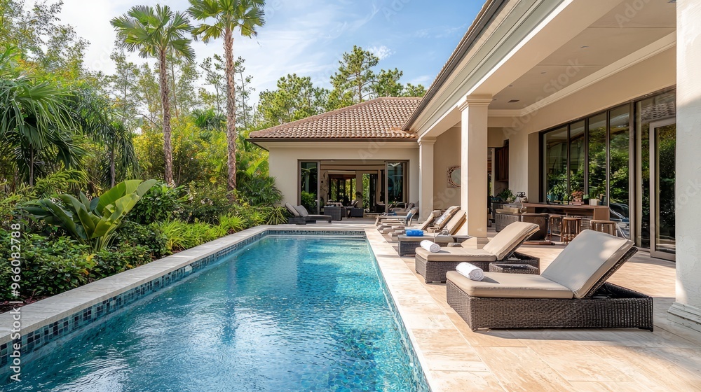 Fototapeta premium Luxury villa backyard with swimming pool and lounge chairs