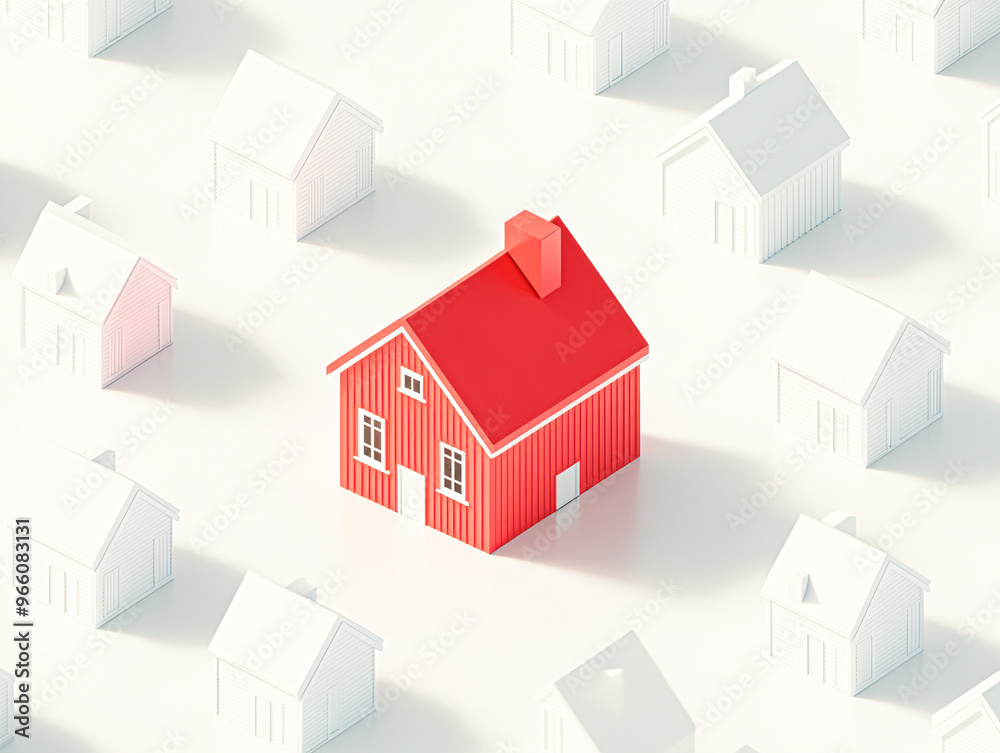 A red house is in the middle of a row of white houses A red house is in the middle of a row of white houses