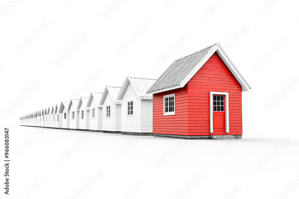 A row of houses with a red house in the middle A row of houses with a red house in the middle