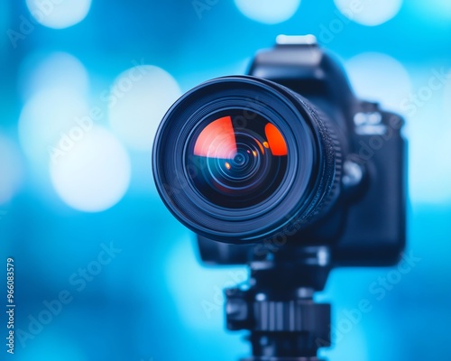 Close up of a professional DSLR camera lens with blue bokeh background.