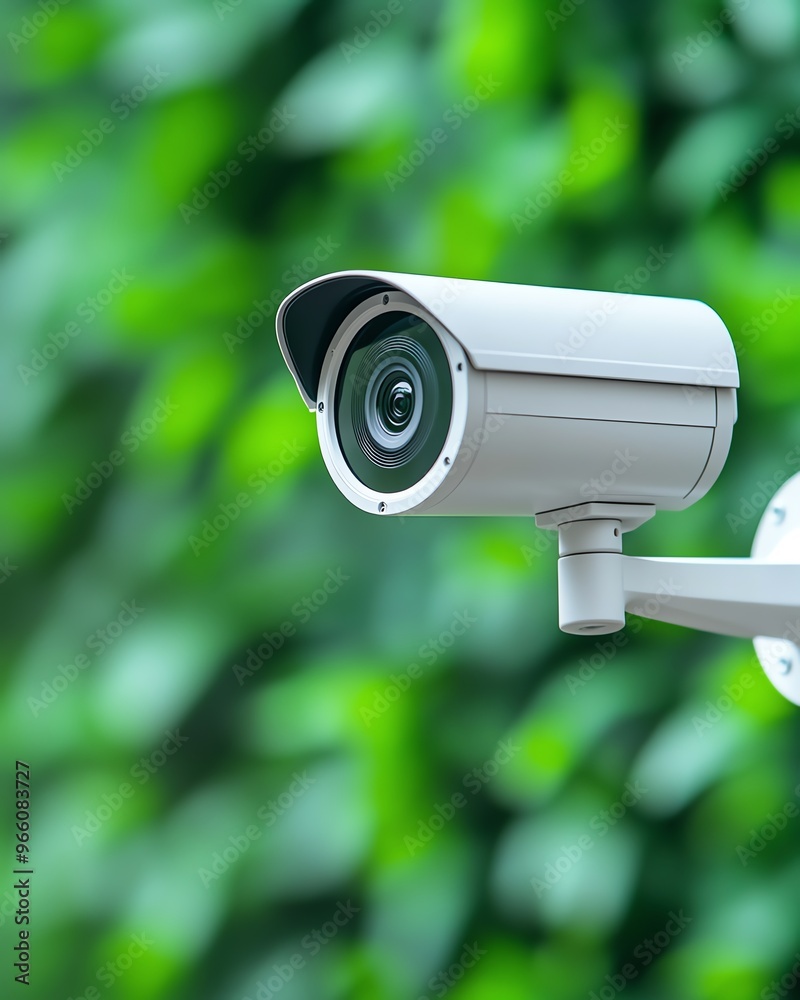A white security camera mounted on a wall with a blurred green background. A white security camera mounted on a wall with a blurred green background.
