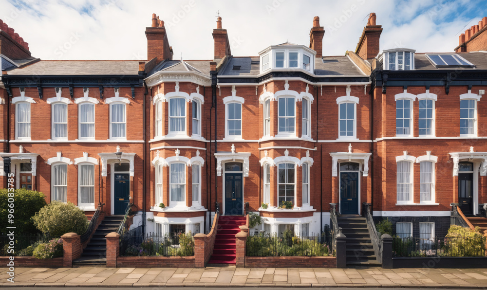 Obraz premium A row of red brick houses with white trim and black doors stands on a sunny day