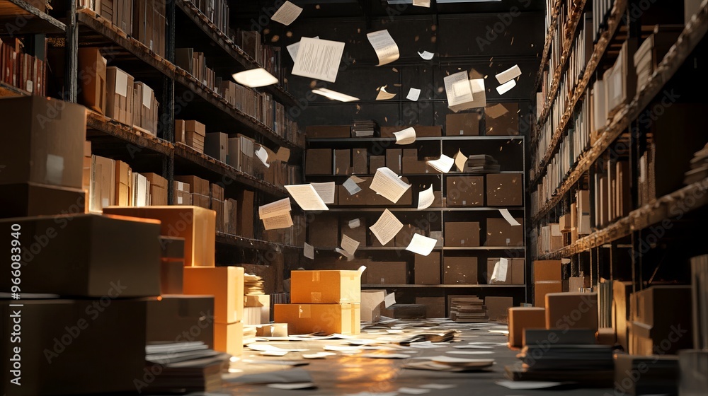 Obraz premium Clean Shelf of Books with Messy Warehouse Background - AI generated illustration