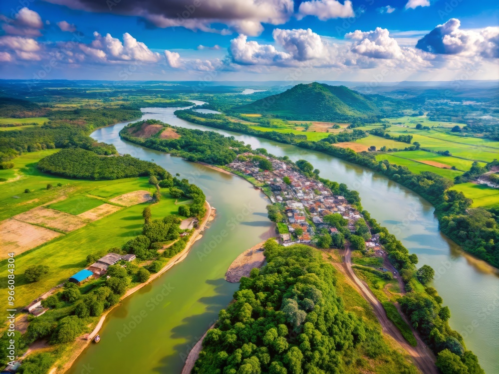A serene and majestic aerial view of the Godavari River flowing through the heart of India, surrounded by A serene and majestic aerial view of the Godavari River flowing through the heart of India, surrounded by