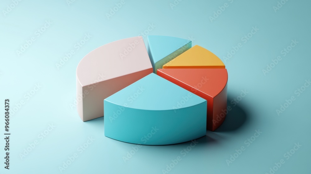 A 3D pie chart with bright segments, floating against a plain ...