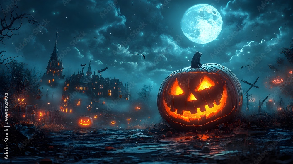 Spooktacular Carved Pumpkin Glowing Under Moonlit Halloween Night Landscape Spooktacular Carved Pumpkin Glowing Under Moonlit Halloween Night Landscape