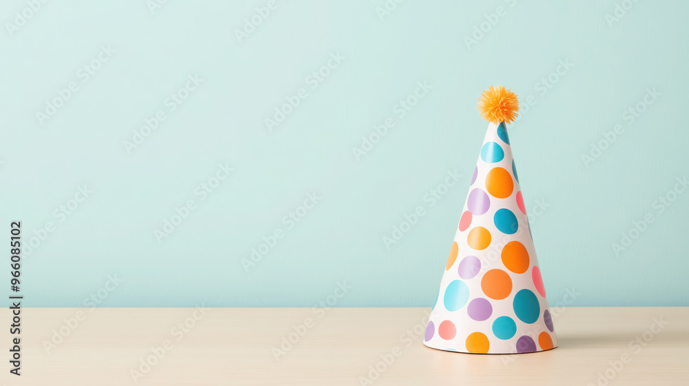 Festive party hat with colorful polka dots on a light background, with copy space for text Festive party hat with colorful polka dots on a light background, with copy space for text