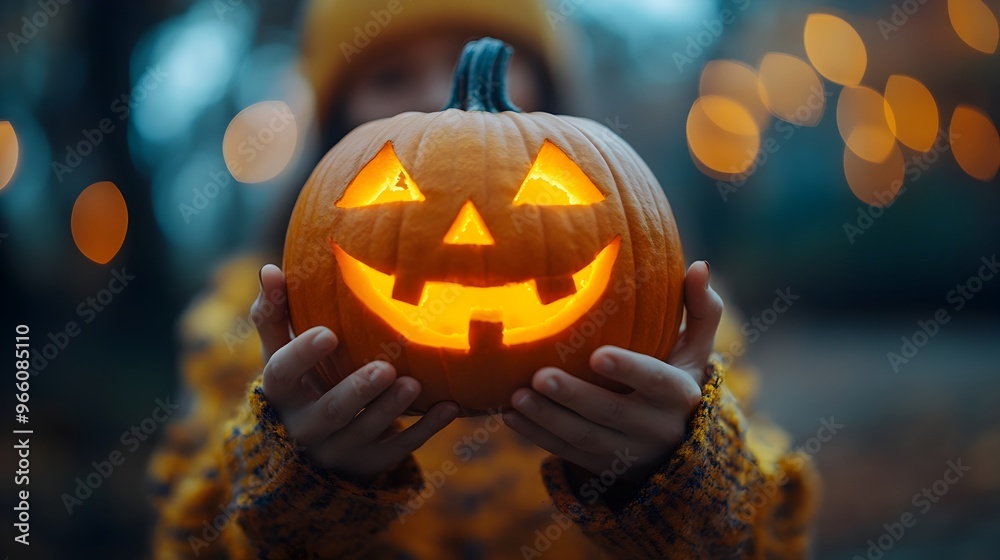 Naklejka premium Glowing Halloween Pumpkin Held in Hands Against Blurred Autumn Park Scenery