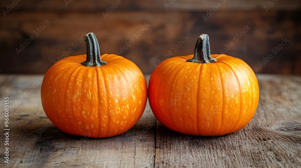 Two Autumnal Pumpkins on a Rustic Wooden Table Two Autumnal Pumpkins on a Rustic Wooden Table