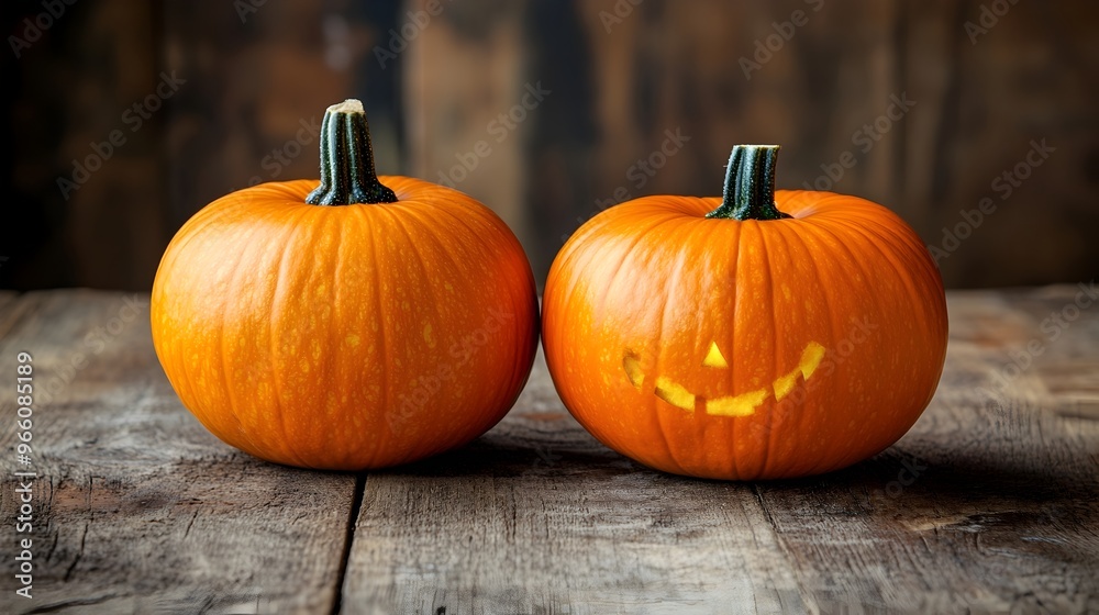 Two Vibrant Pumpkins on Rustic Wooden Table for Autumn and Halloween Two Vibrant Pumpkins on Rustic Wooden Table for Autumn and Halloween