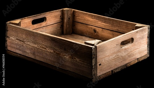 Vintage wooden crate isolated on black background.