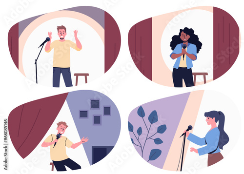 Stand-up show characters in frame. flat style on isolated background.