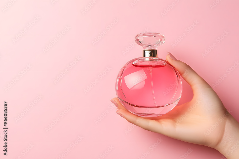Obraz premium A hand holding pink bottle of perfume, Mock up perfume bottle isolated on white