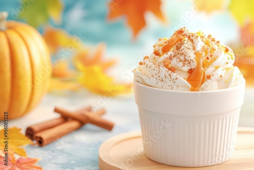 Festive autumn desserts, featuring ice cream with rich flavors like pumpkin, cinnamon, and caramel, served in a cozy, fallinspired setting photo