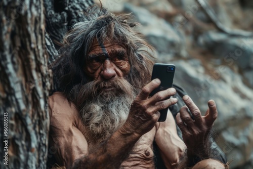 Ancient Man Takes a Selfie, Modern Technology in Cavemen Hands, Wild Man with Smartphone photo